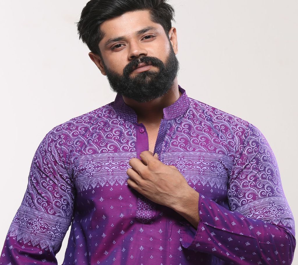 Mens Cotton Punjabi - Deep Purple Block Print(Code-SU918)