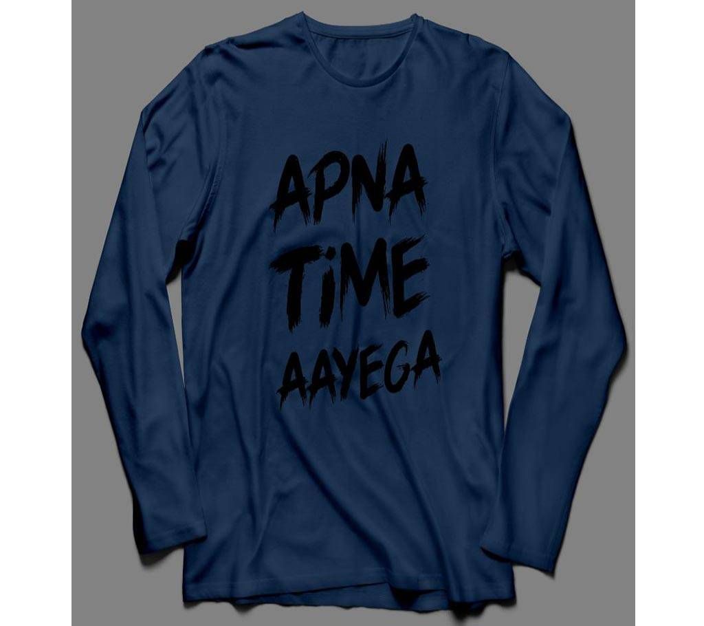 Apna Time Ayega Long Sleeve Navy Cotton T-shirt