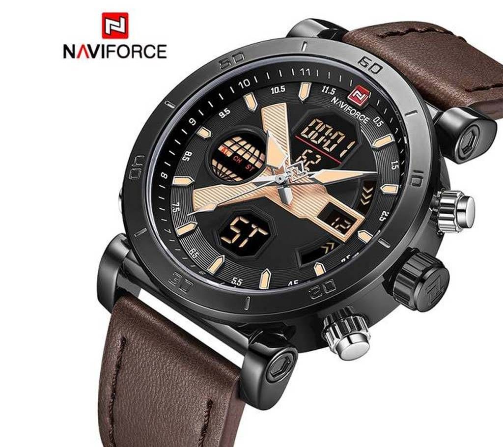 NAVIFORCE NF9132 PU LEATHER DUAL TIME WRIST WATCH FOR MEN - BLACK & COFFEE
