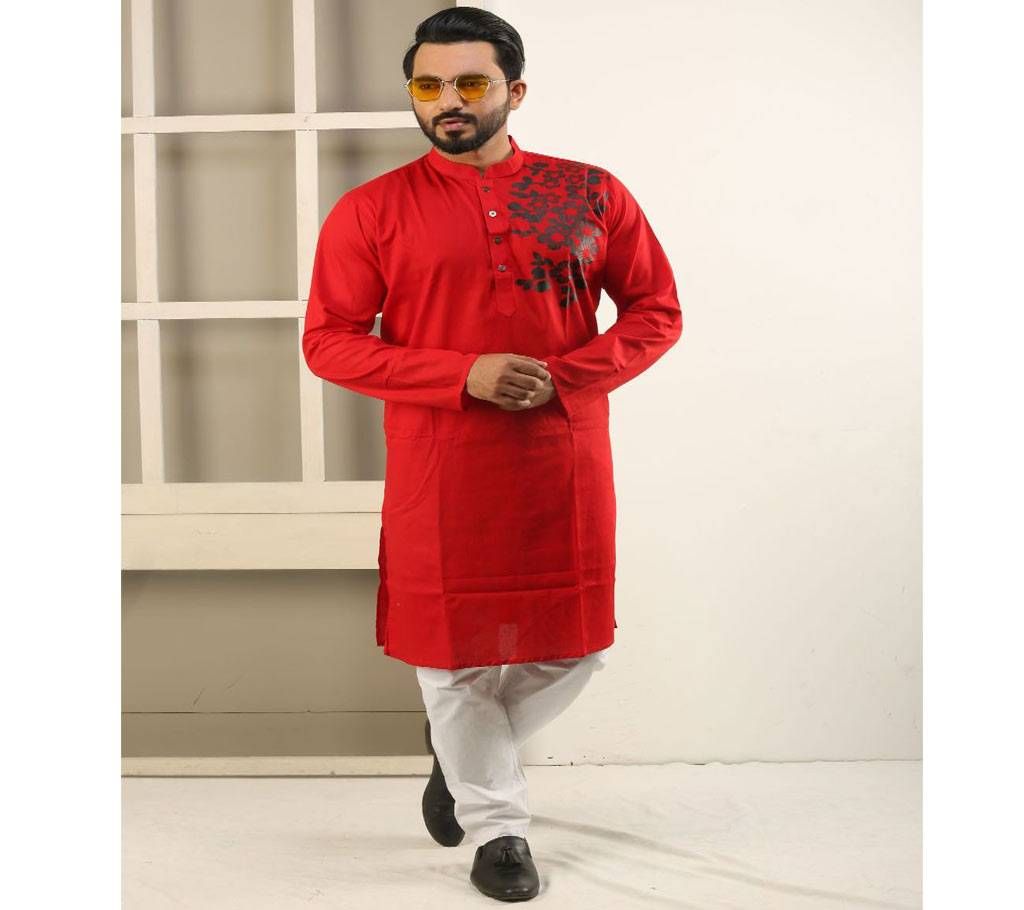 Cotton Punjabi - Red with Leaf Side Solder Design - 191119 