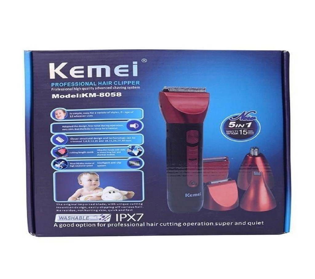 KEMEI KM-8058 5 IN 1 Hair Clipper & Bear Clipper - Red and Black