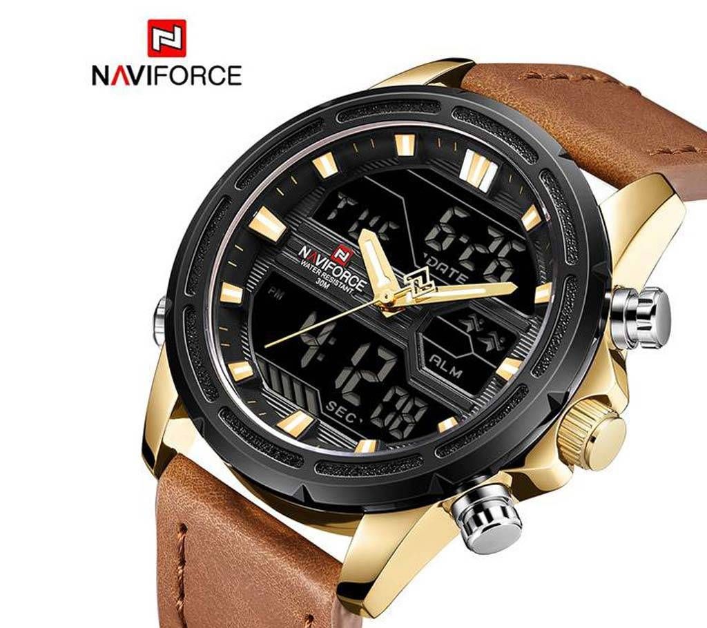 NAVIFORCE NF9138 PU LEATHER DUAL TIME WRIST WATCH FOR MEN - GOLDEN & BROWN