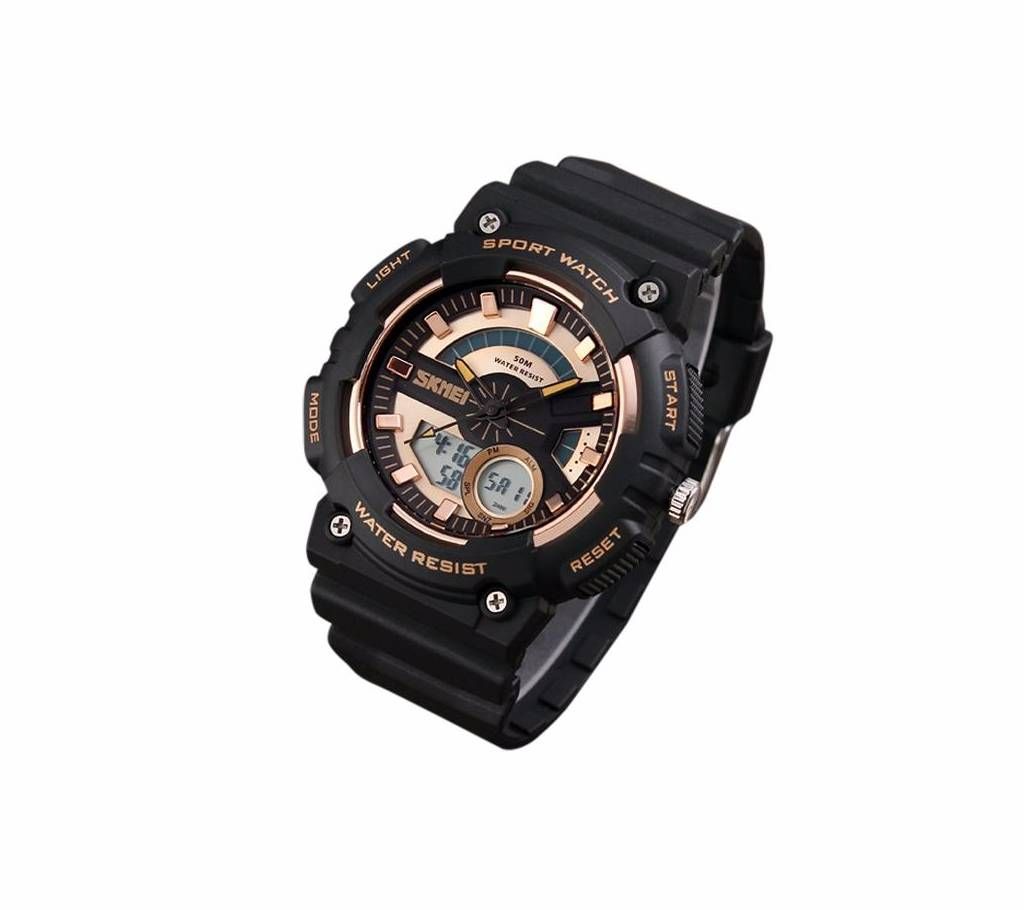Skmei 1235 - Black and Golden PU Sports Duel Display Watch for Men