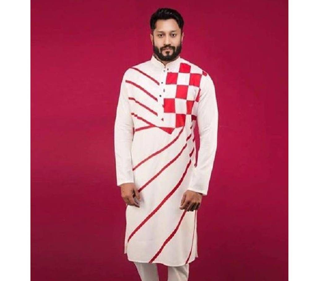 Off White with Red Box Design Cotton Panjabi