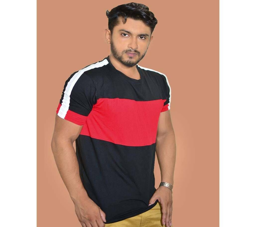 Black Red and White Contrast Half Sleeve Cotton T-Shirt For Men