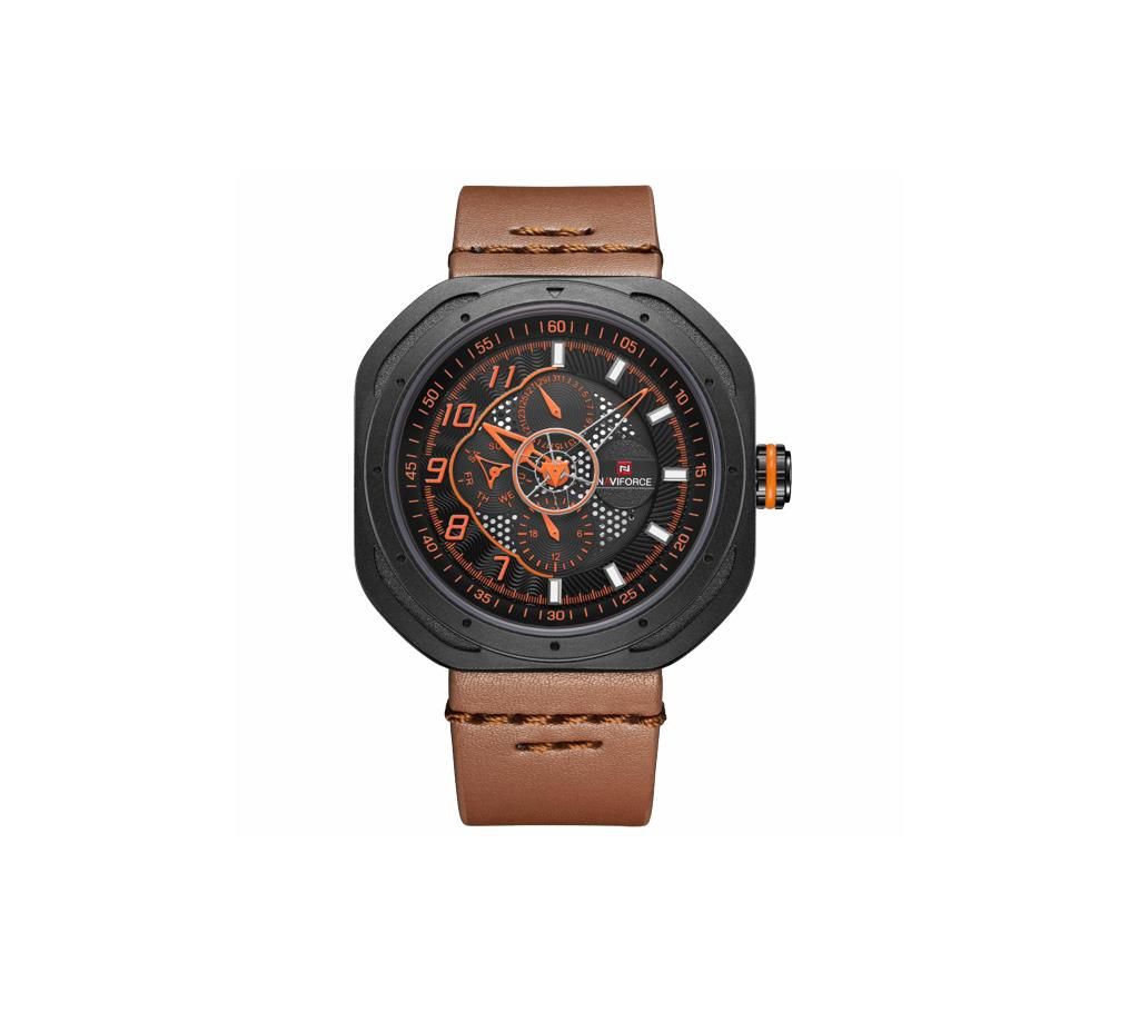 NAVIFORCE NF9141 Brown PU Leather Chronograph Watch For Men - Brown & Orange