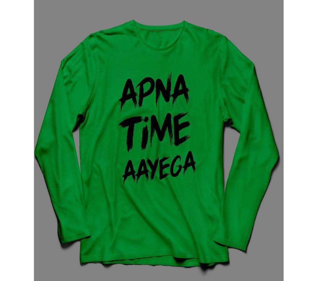 Apna Time Ayega Long Sleeve Green Cotton T-shirt