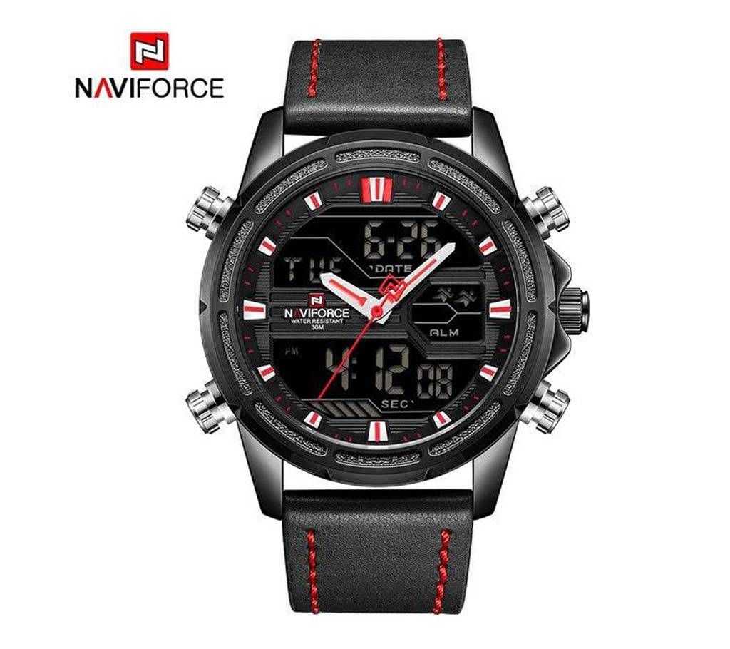 NAVIFORCE NF9138 PU LEATHER DUAL TIME WRIST WATCH FOR MEN - BLACK & RED
