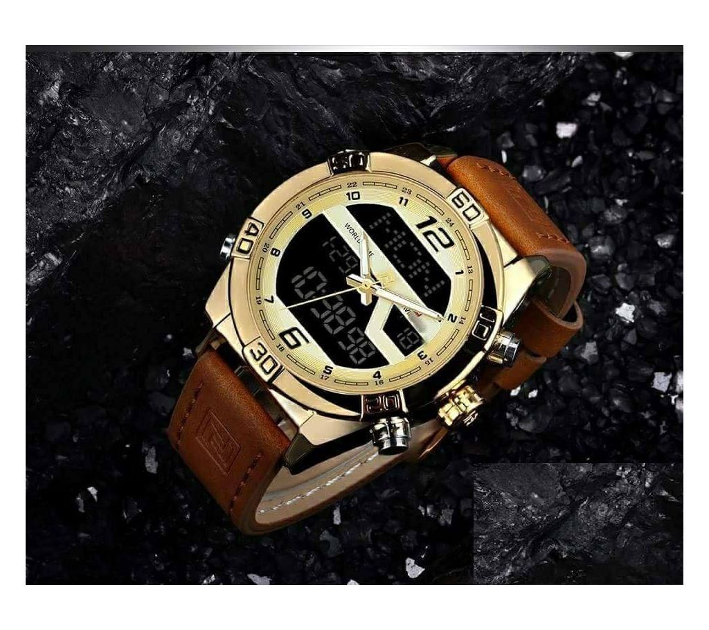 Product details of NAVIFORCE NF9128 Brown PU Leather Wrist Watch for Men - Brown & Golden