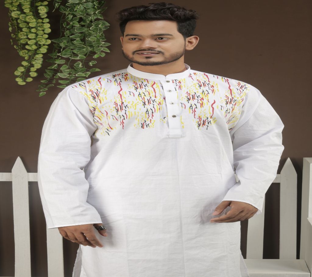 Cotton Panjabi - White With Multi Color Multi Design