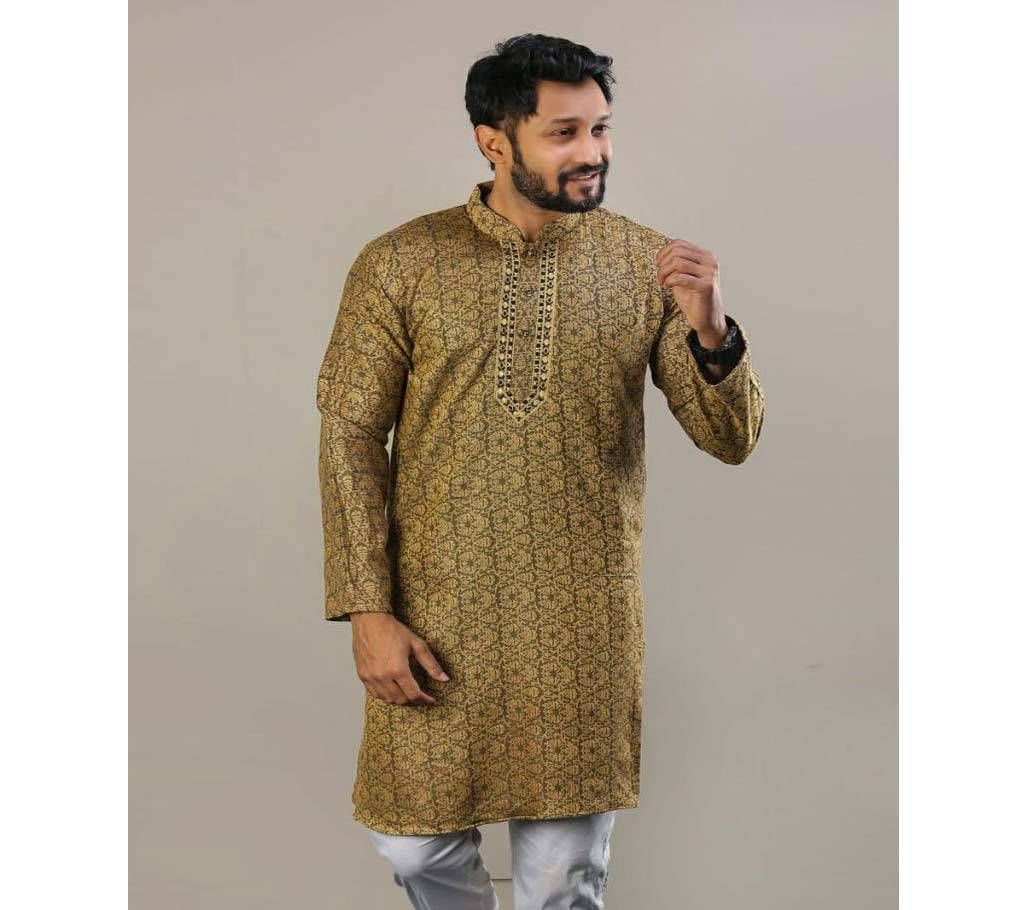Mens Semi Long Panjabi  31  Olive Gold with Full Body Design