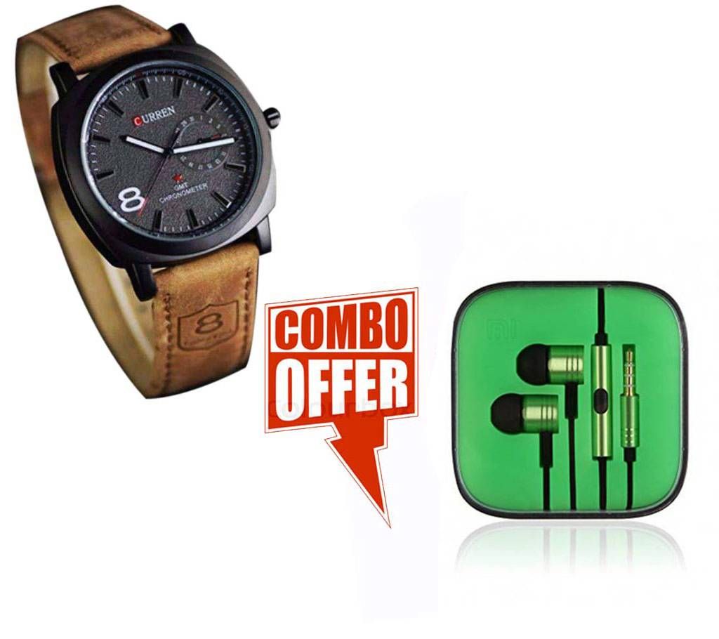 Combo PU লেদার এনালগ ওয়াচ ফর মেন + MI Earphone