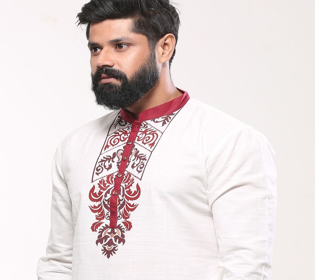 44-Mens Cotton Punjabi - White Red Ethnic Block Print - MPL 11