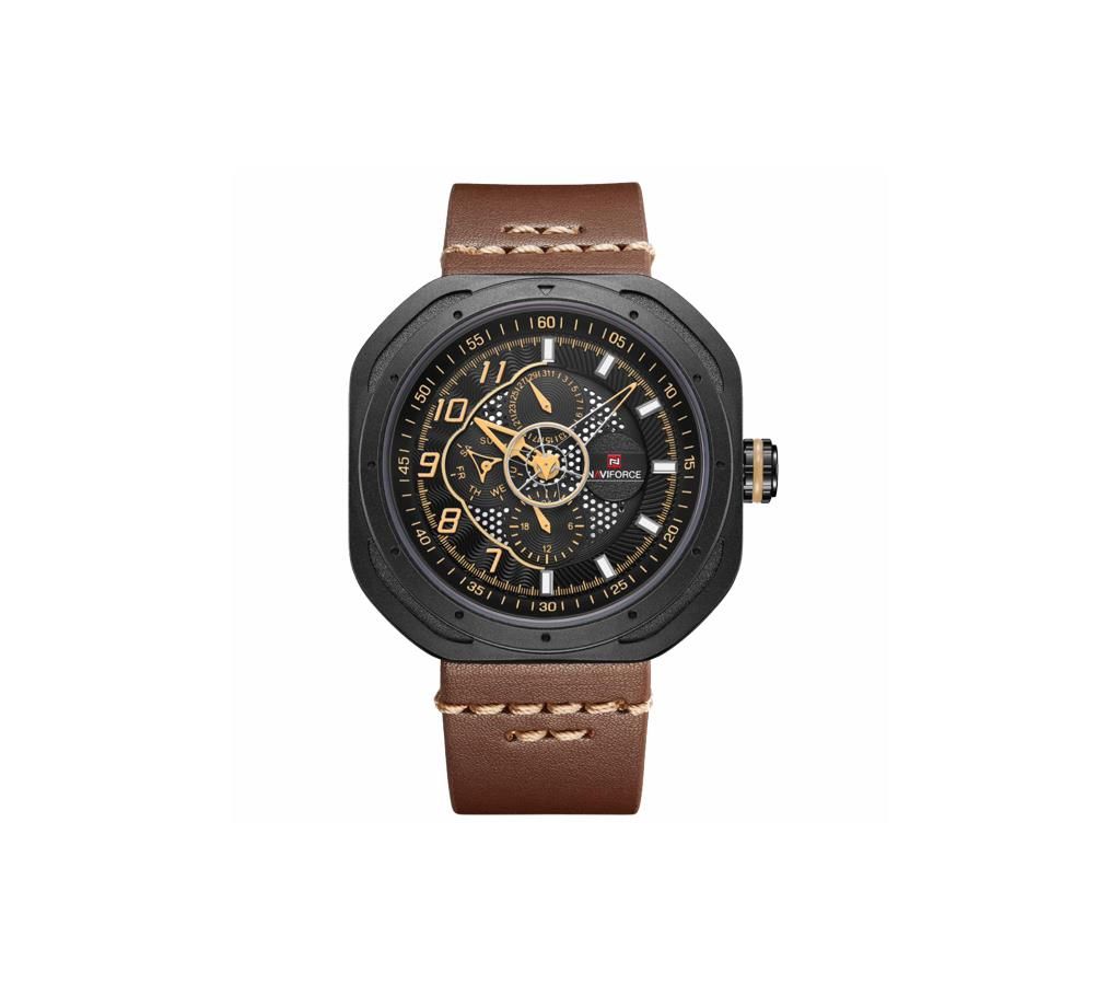 NAVIFORCE NF9141 Dark Brown PU Leather Chronograph Watch For Men - Dark Brown & Yellow