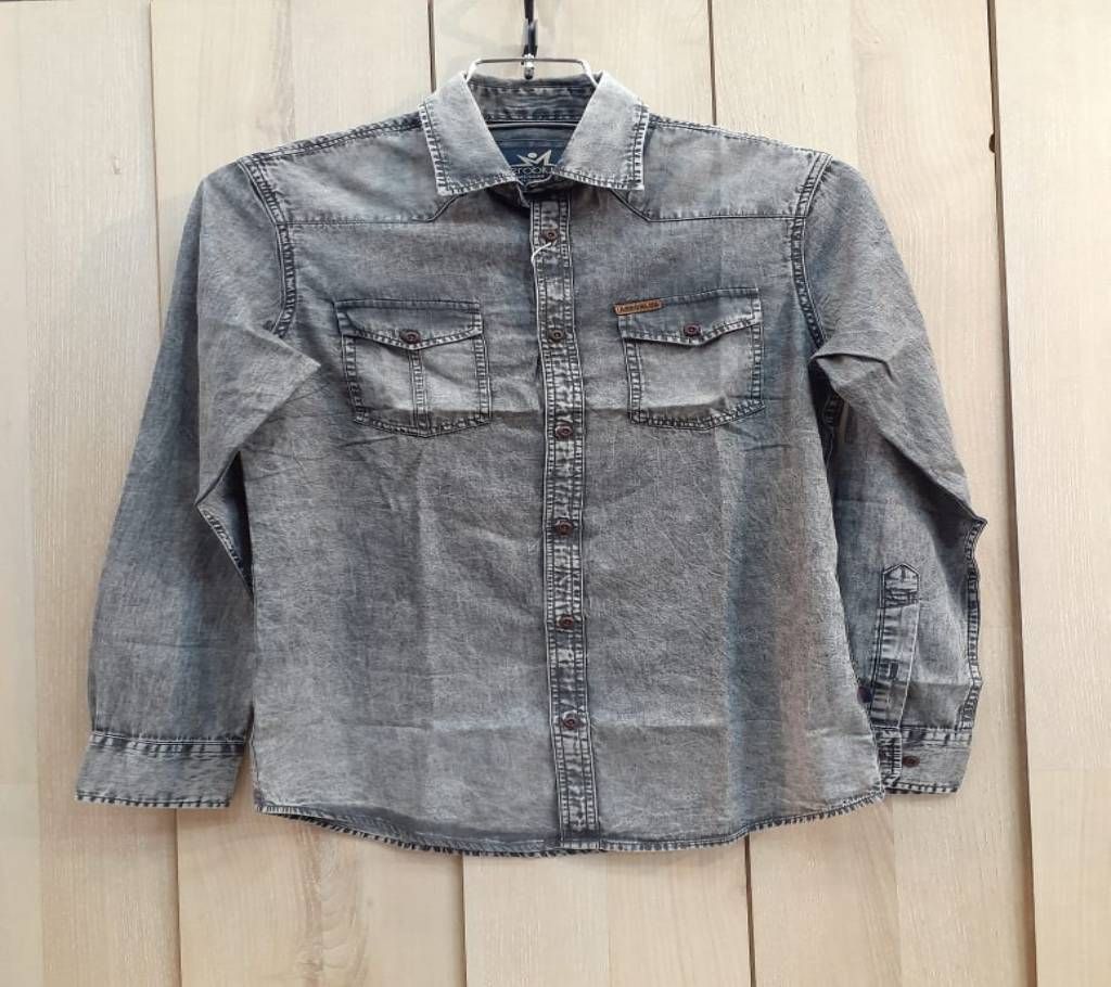 Light Grey Washed Denim Shirt For Men
