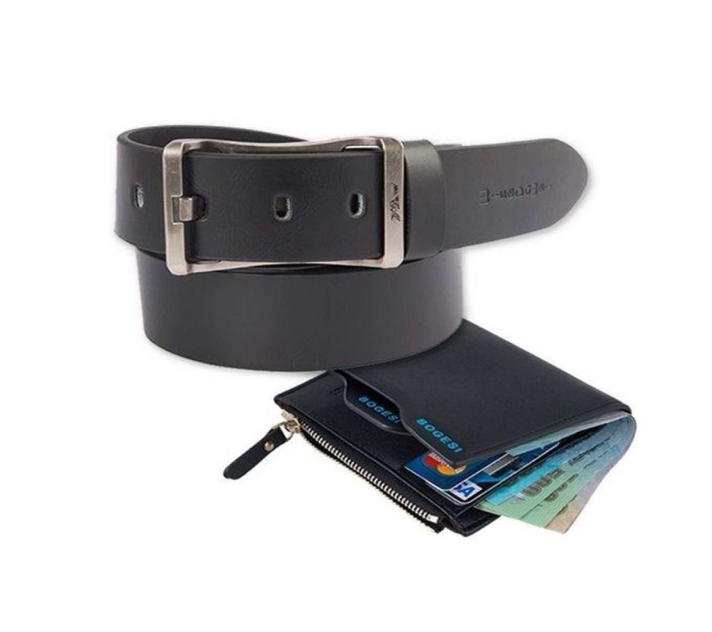 Black Leather Belt and Wallet For Men-CSBW-6