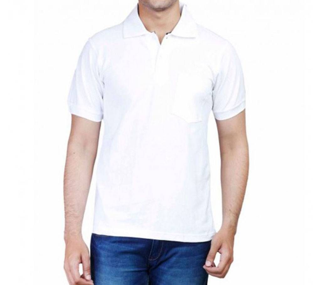 White Cotton Polo Shirt For Men