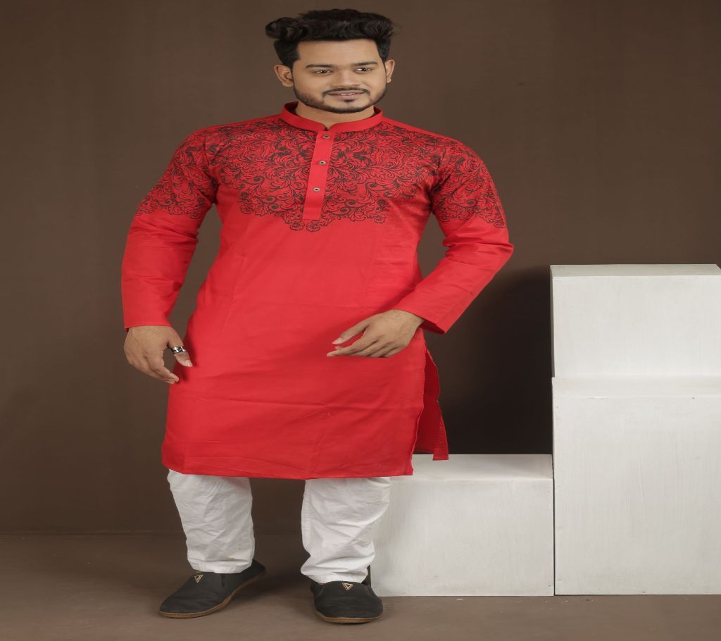 Cotton Panjabi - Red with Big Leaf Design