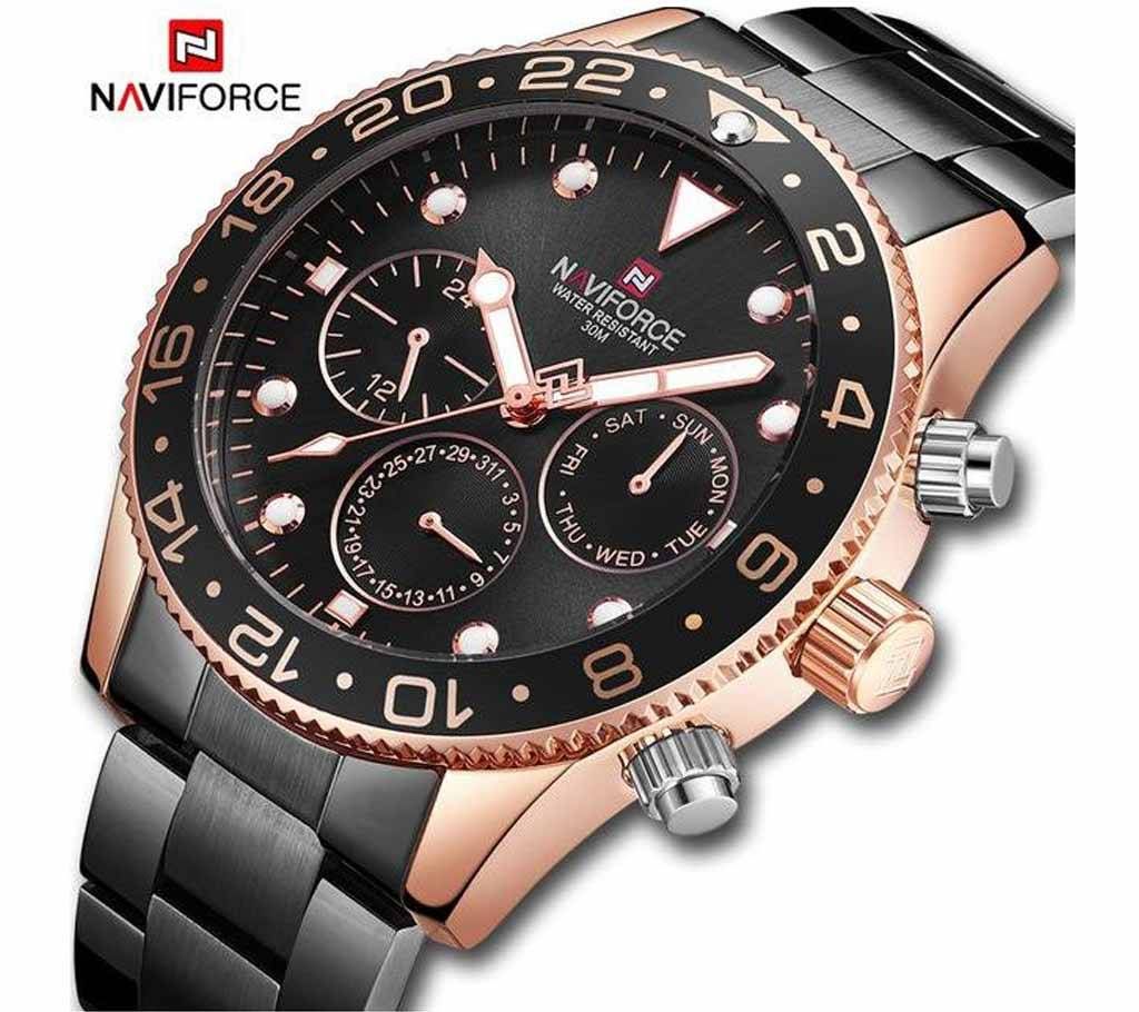 NAVIFORCE NF9147 Black Stainless Steel Chronograph Watch For Men - RoseGold & Black