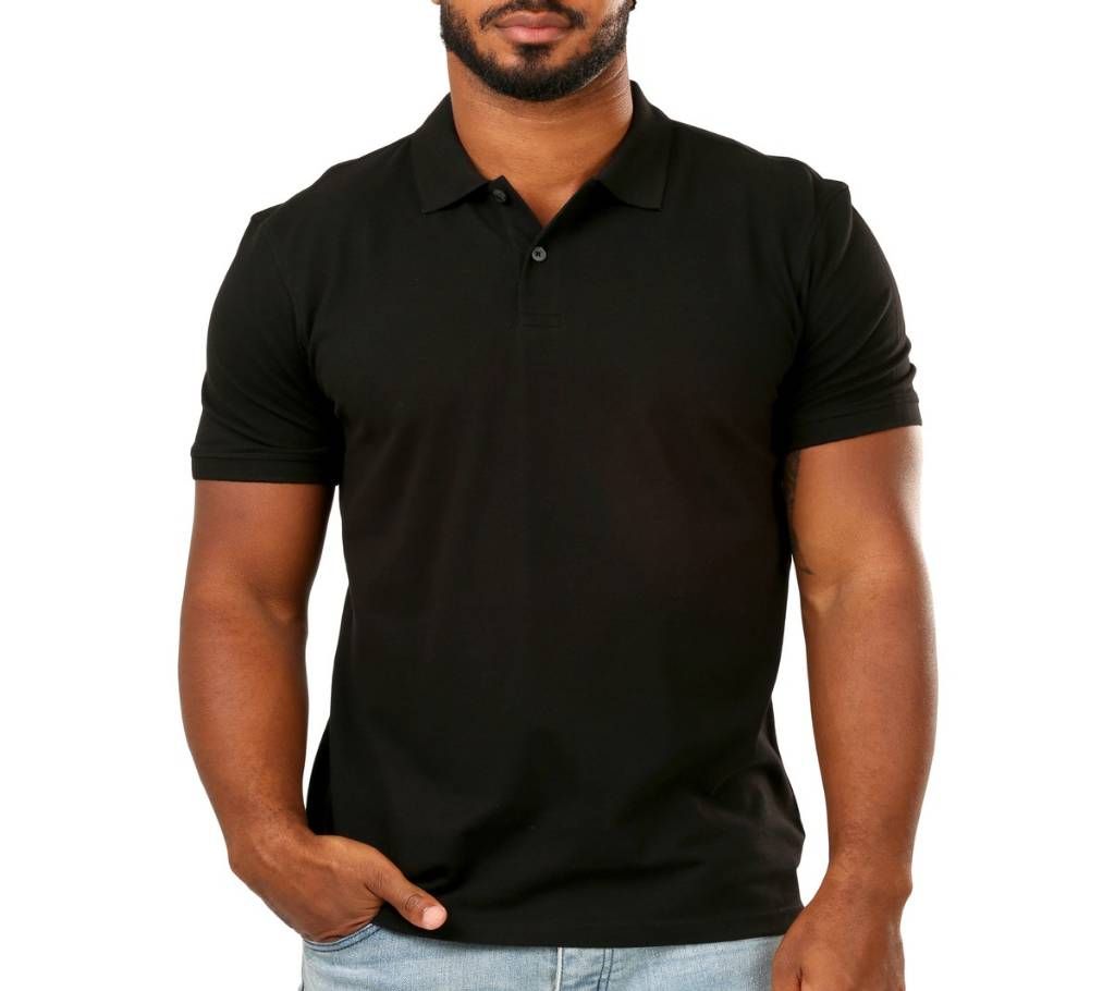 Black Cotton Short Sleeve Polo Shirt For Men