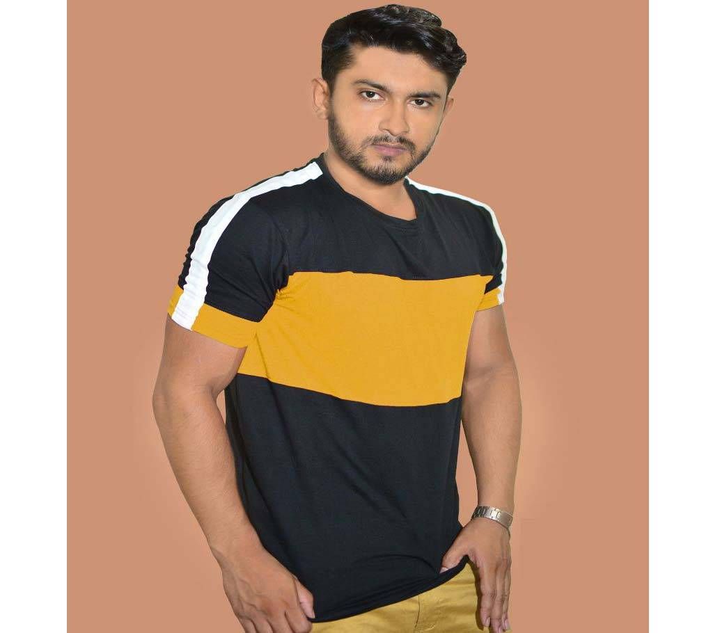 Black yellow and White Contrast Half Sleeve Cotton T-Shirt For Men