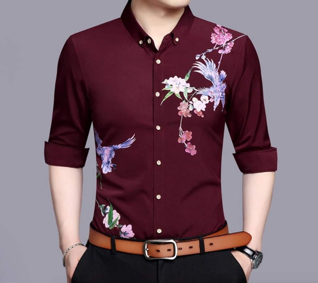 Maroon Bird Print Cuasal Shirt For Man