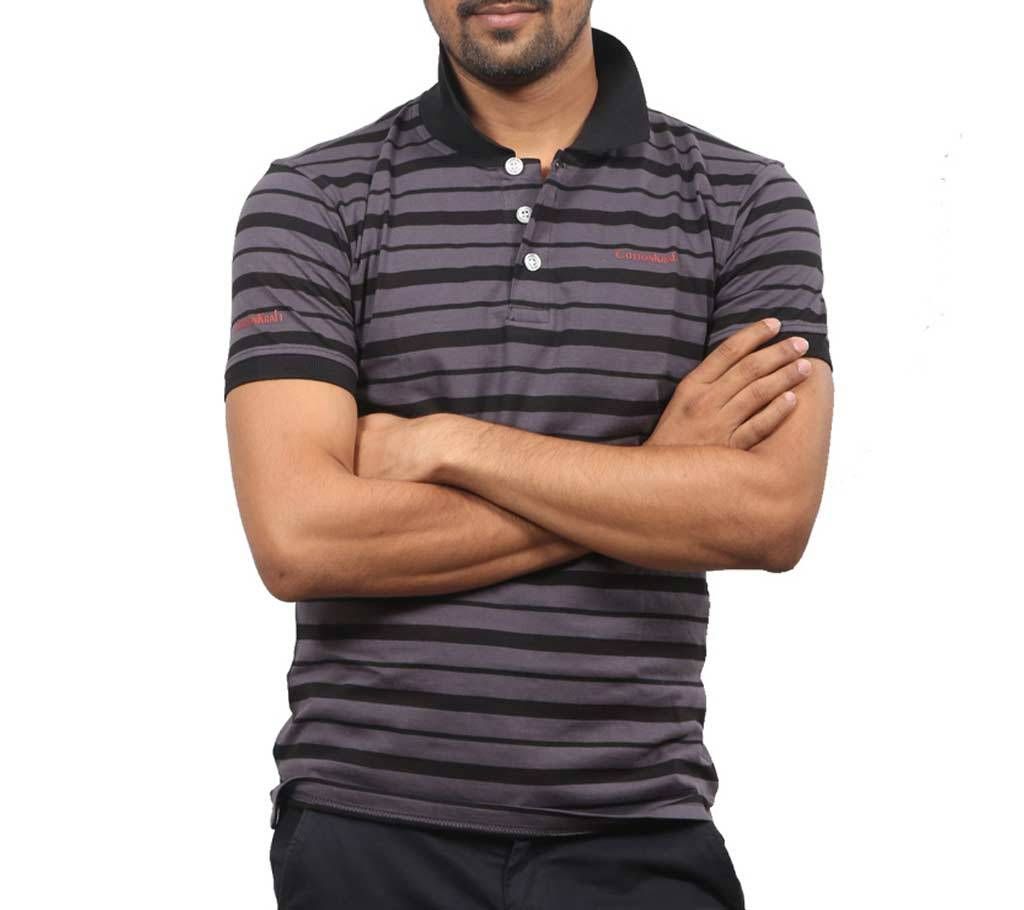 Black and Lavender Stripe Cotton Polo for Men