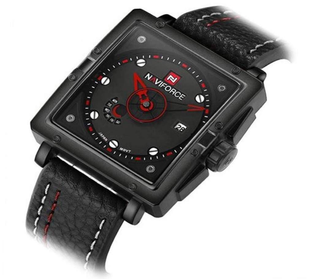Naviforce Eid Collection NF9065  Men's Square Casual Leather Quartz Watch - Black & Red