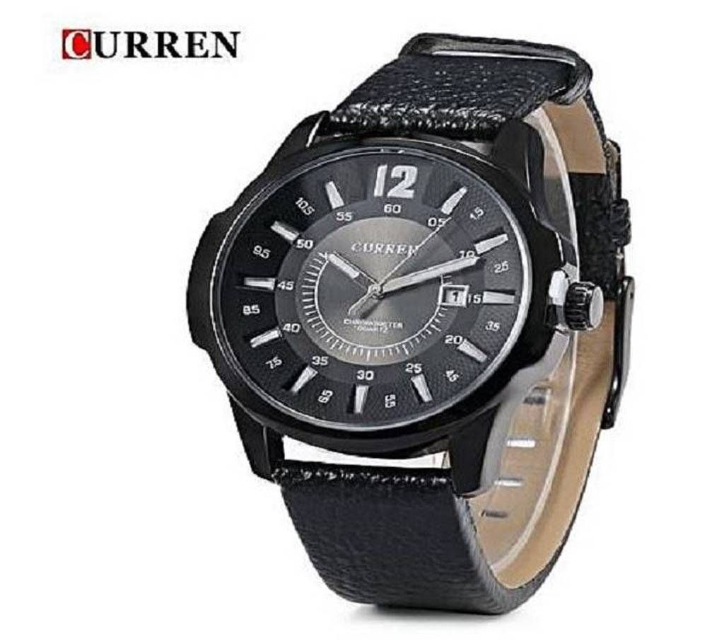 CURREN Men Quartz Watch Leather Strap Date Display 30m Water Resistance-BLACK