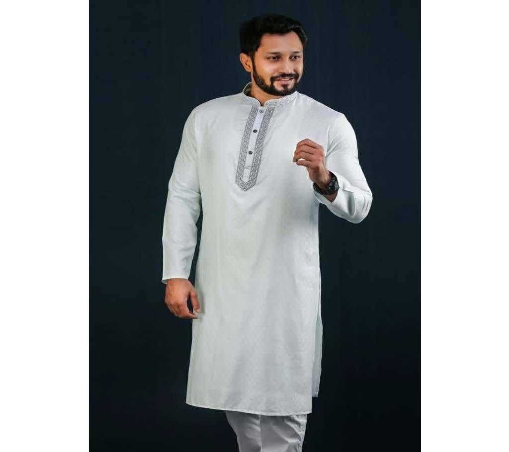 Mens Semi Long Panjabi  32  Powder Blue Ash with Design in Neck
