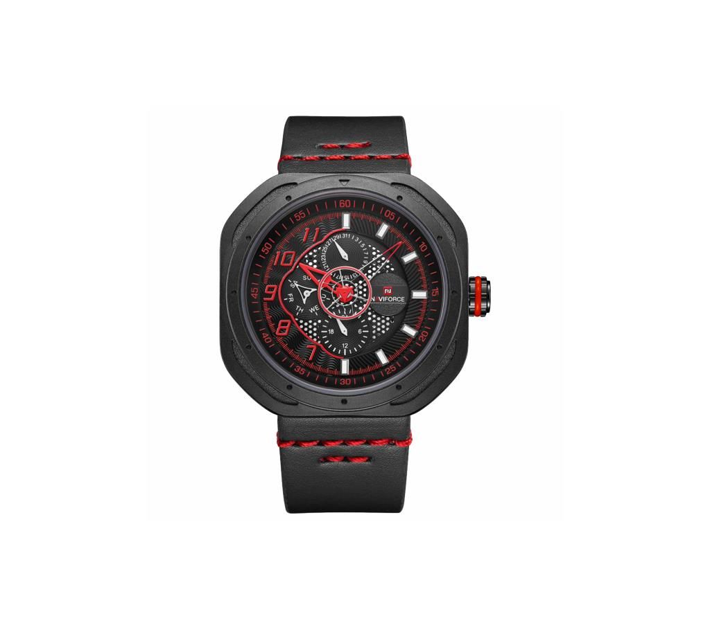 NAVIFORCE NF9141 Black PU Leather Chronograph Watch For Men - Black & Red