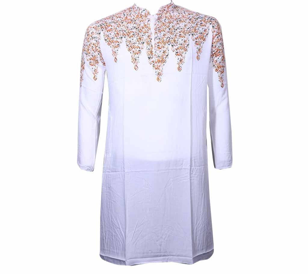 Long Cotton Printed Punjabi for Men-White