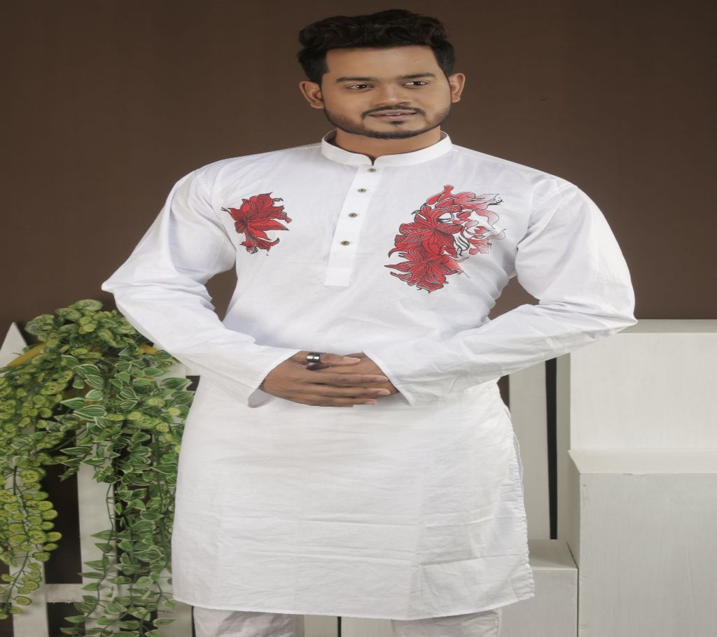 Cotton Panjabi - White with Red Big Leaf Design
