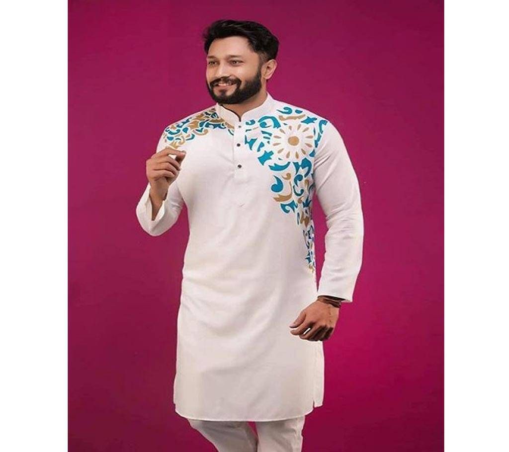 Off White with Blue and Olive Print Design Around Shoulder Cotton Panjabi