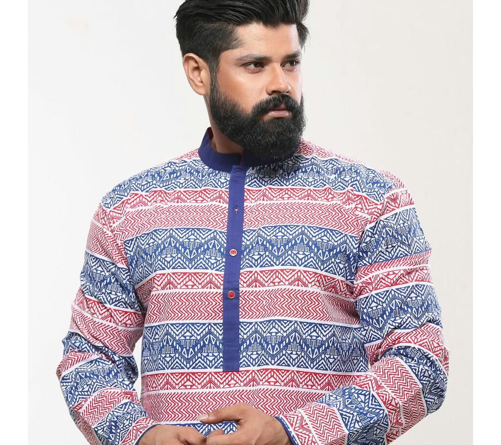 Men's Cotton Punjabi  Red Blue Print