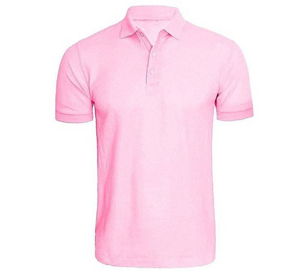 Pink Cotton Short Sleeve Polo Shirt For Men
