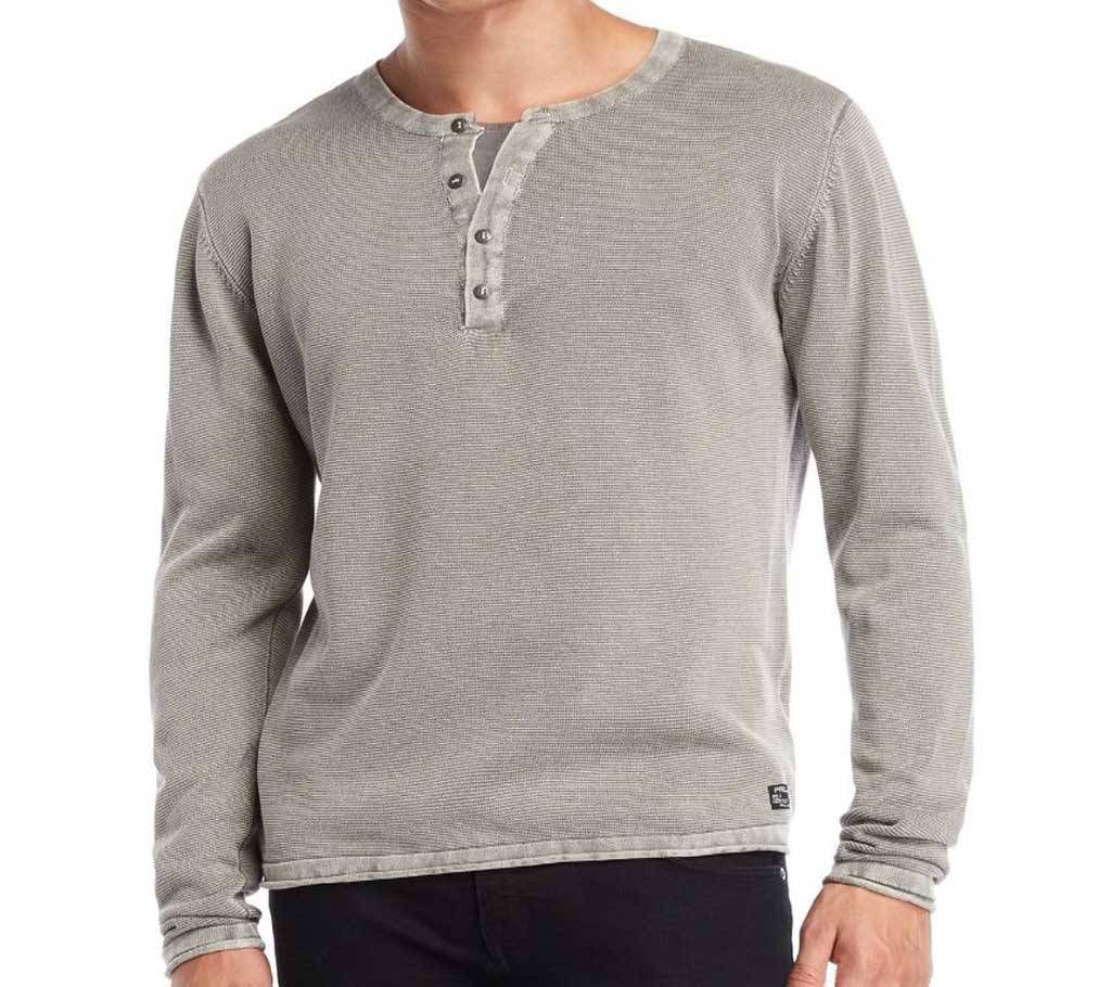 Long Sleeve T-shirt With Buttons Textured Acid Wash Henley