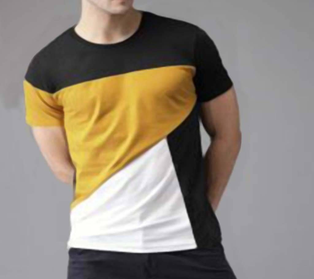 Black, White and Yellow Contrast Half Sleeve Cotton T-Shirt For Men