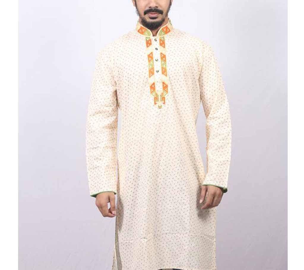 Off White Printed Cotton Panjabi For Men
