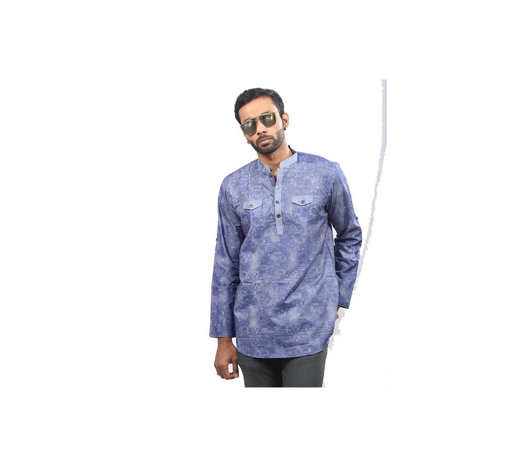 Navy Blue Printed Cotton Katua For Men