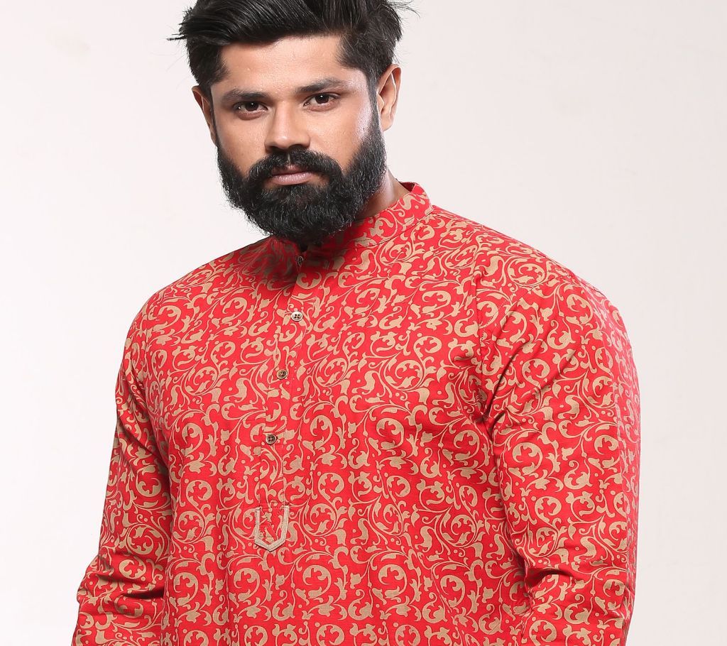 40 - Mens Cotton Punjabi - Red Gold Victorian Print - MPL 04