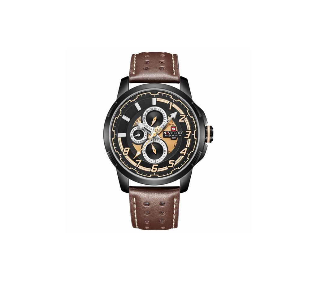 NAVIFORCE NF9142 Dark Brown PU Leather Chronograph Watch For Men - Dark Brown & Black