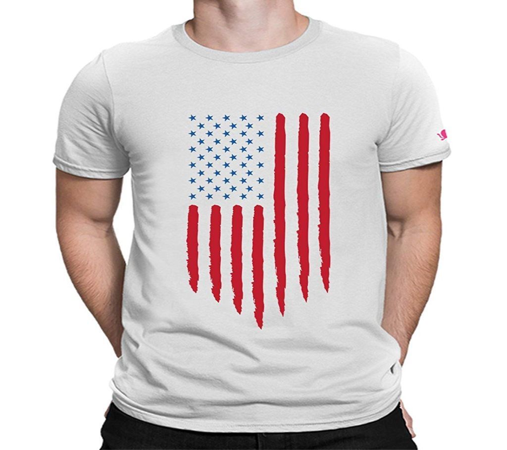 US Flag Off-White Short Sleeve Cotton T-Shirt For Men