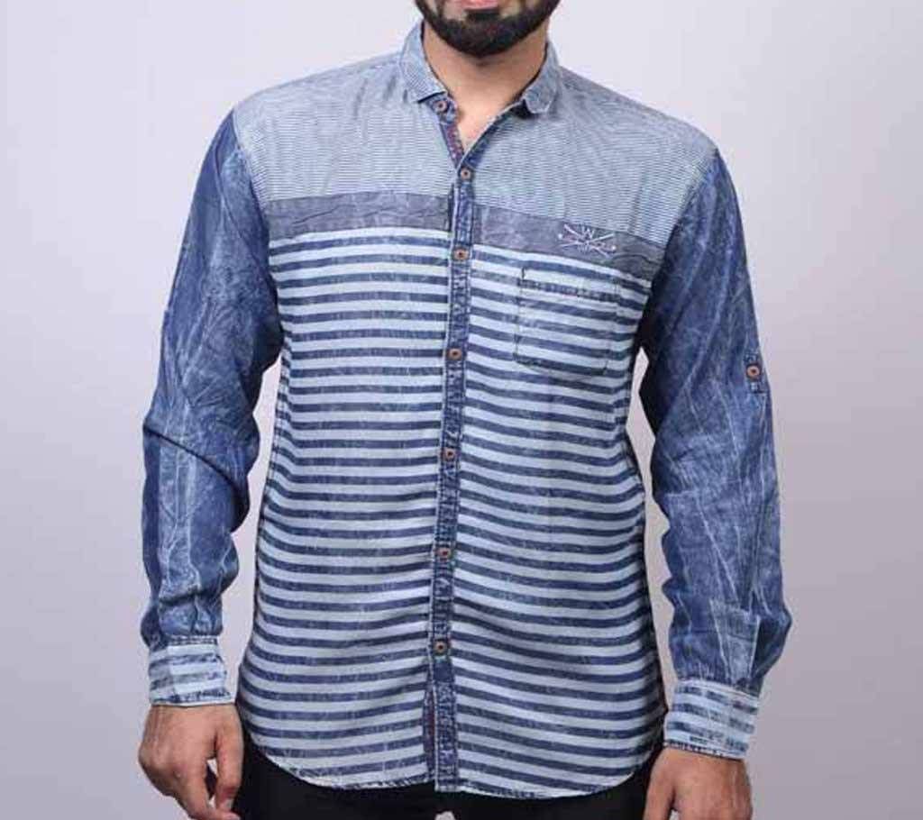 White And Blue Stripe Denim Shirt For Men