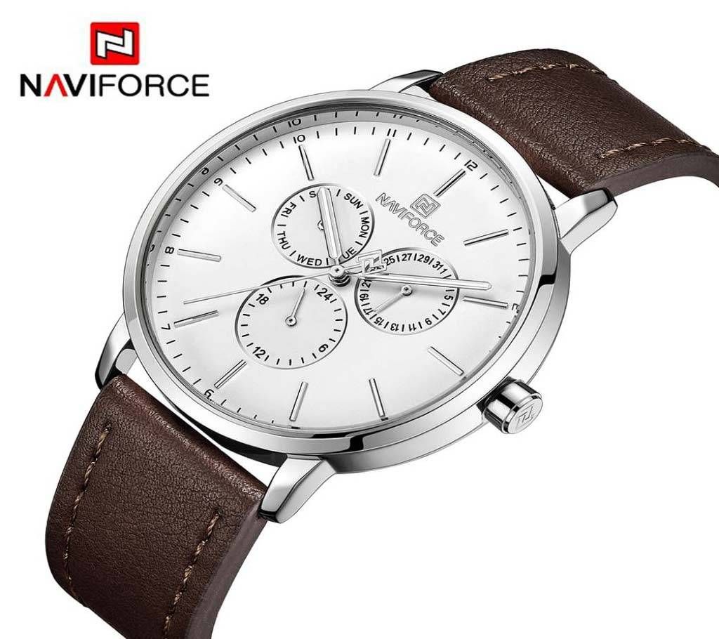 NAVIFORCE NF3001 SILVER PU LEATHER Chronometer WRIST WATCH