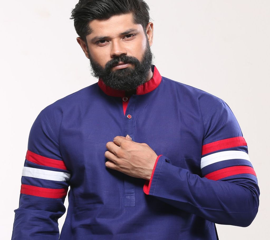 Mens Cotton Punjabi - Navy Red White Stripe
