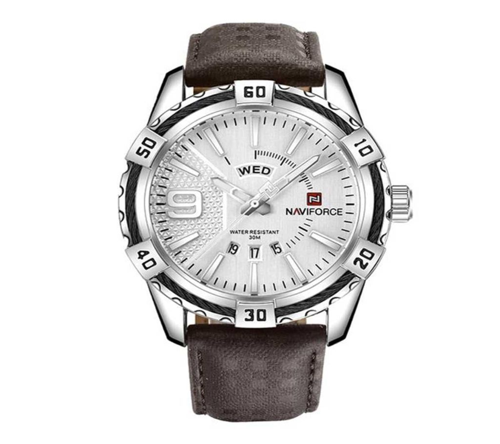 Naviforce NF9117 - Coffee PU Leather Analog Watch for Men - Silver & Coffee