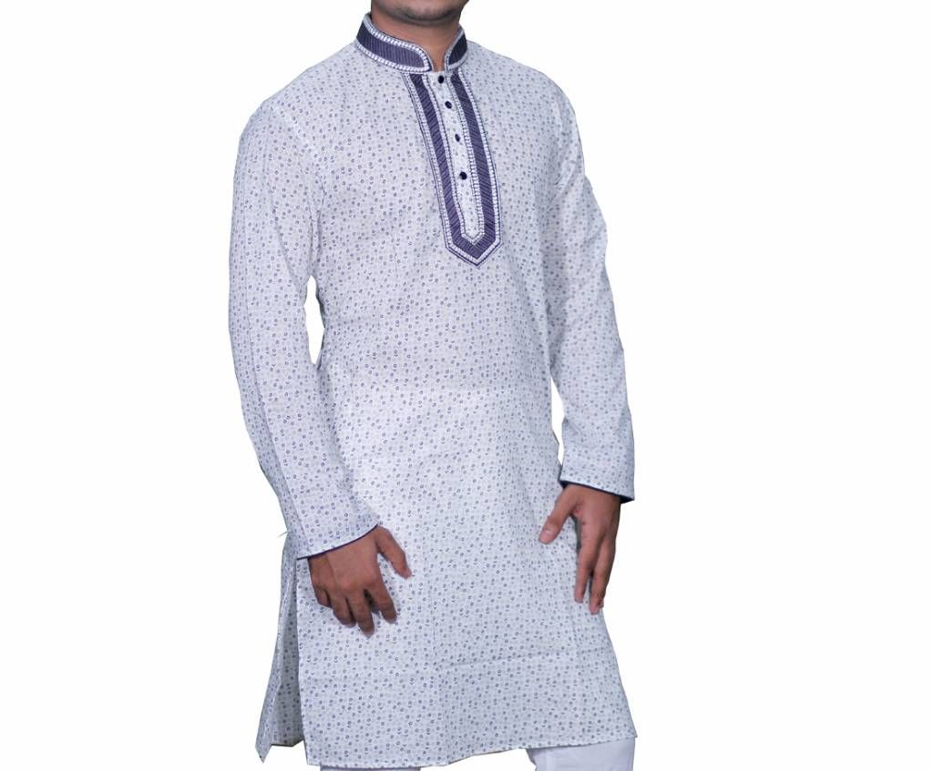 Mens White Printed Cotton Panjabi