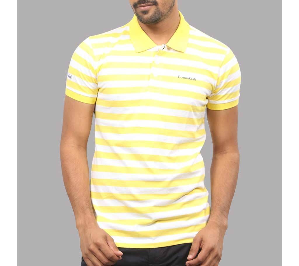 Yellow and White Stripe Cotton Polo for Men