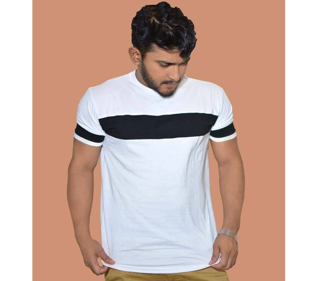 White and Black Contrast Half Sleeve Cotton T-Shirt For Men